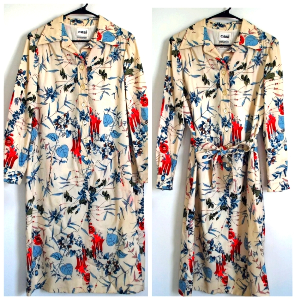 Vintage 1960's Casi Floral Cream Belt Dress 100% Wool British Hong Kong Sz 16